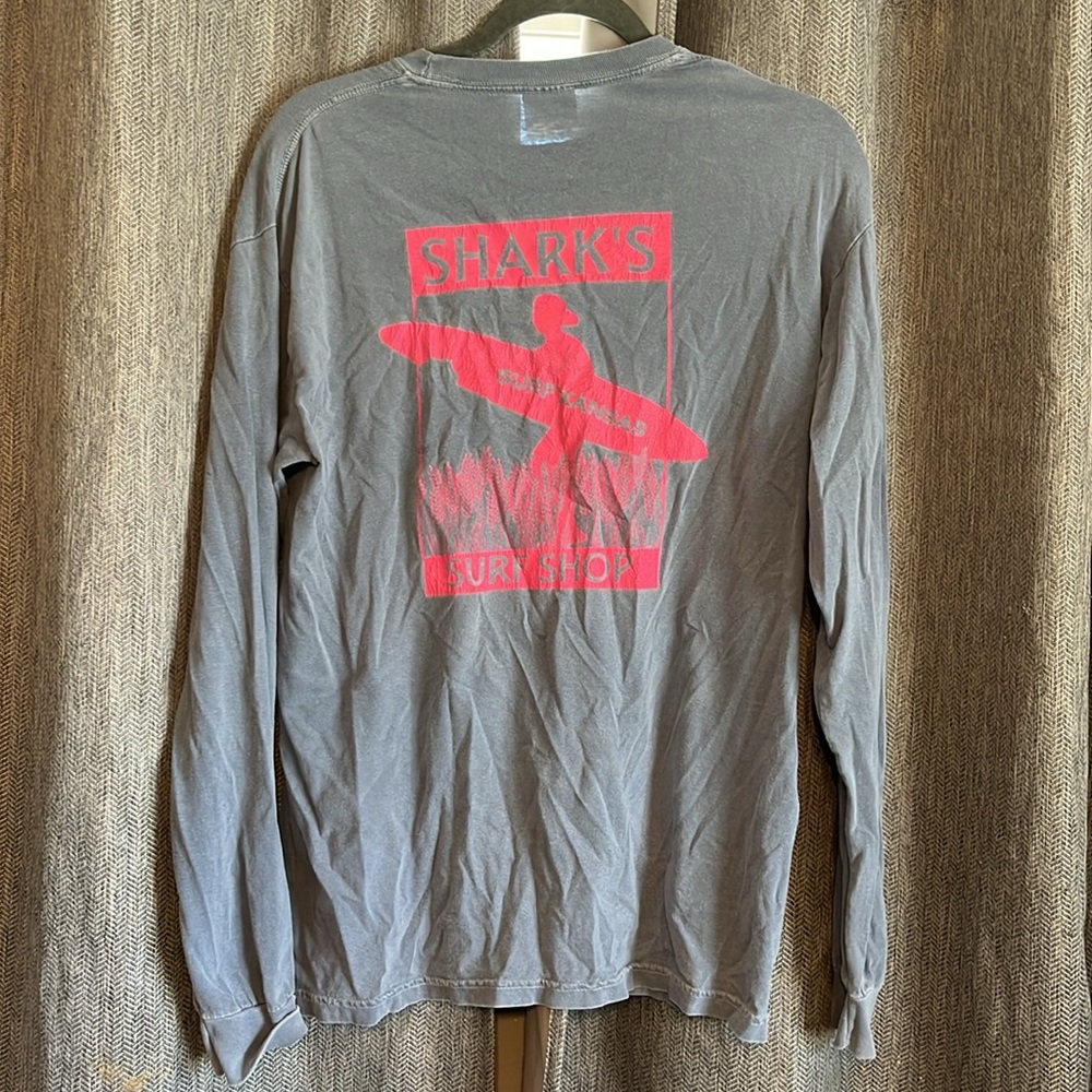 Dusty Blue and Pink Sharks Surf Shop Long Sleeve Tee Comfort Colors